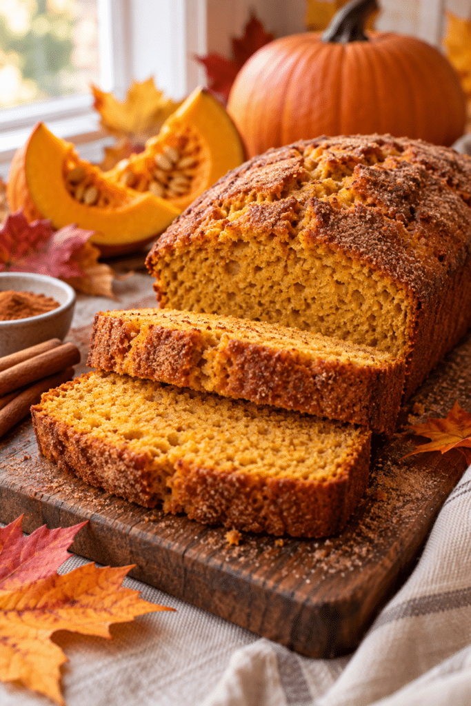 Sliced pumpkin bread with cake mix on a rustic table