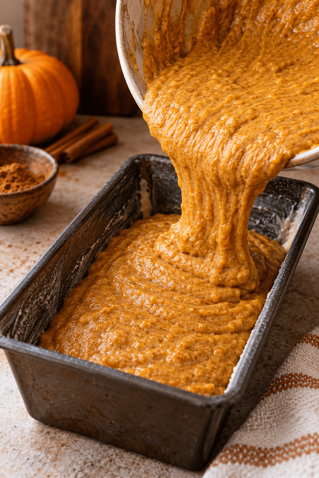 Pumpkin bread batter ready for the oven