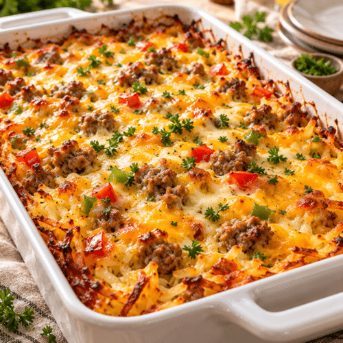 Easy sausage breakfast casserole with hash browns and melted cheese