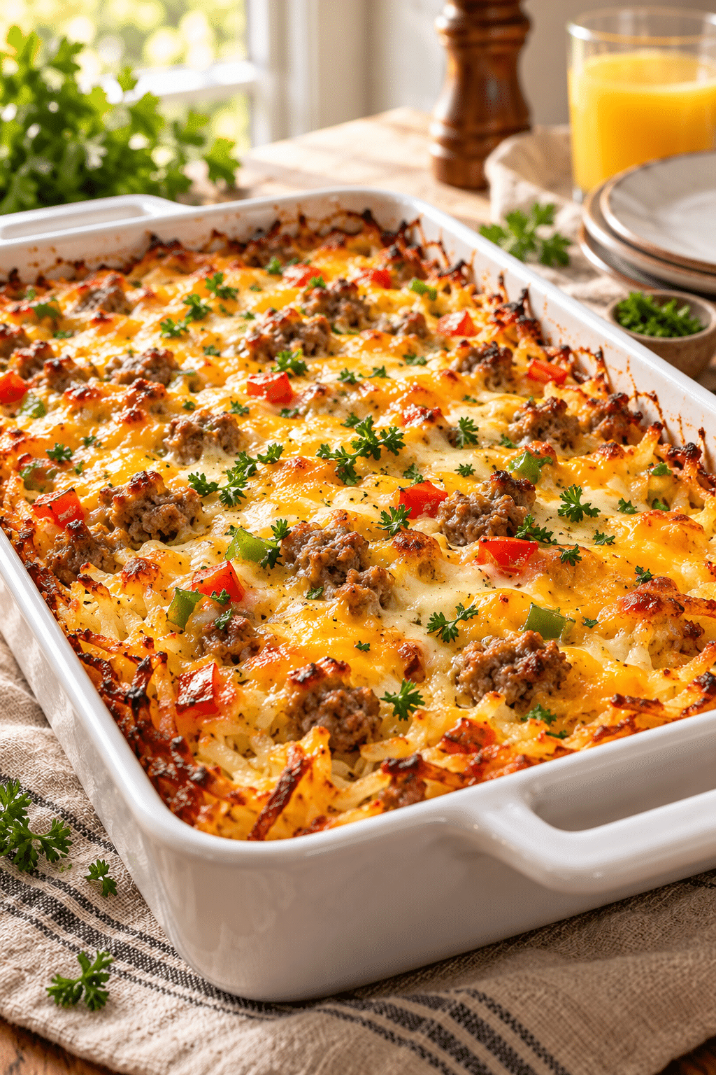 Easy sausage breakfast casserole with hash browns and melted cheese