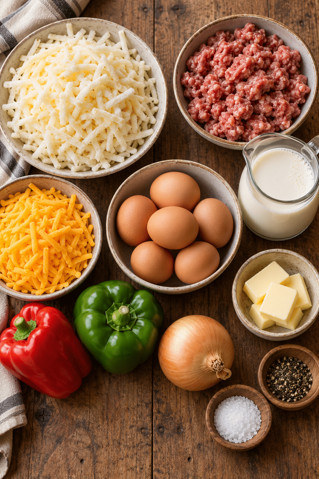 Ingredients for easy sausage breakfast casserole arranged for cooking