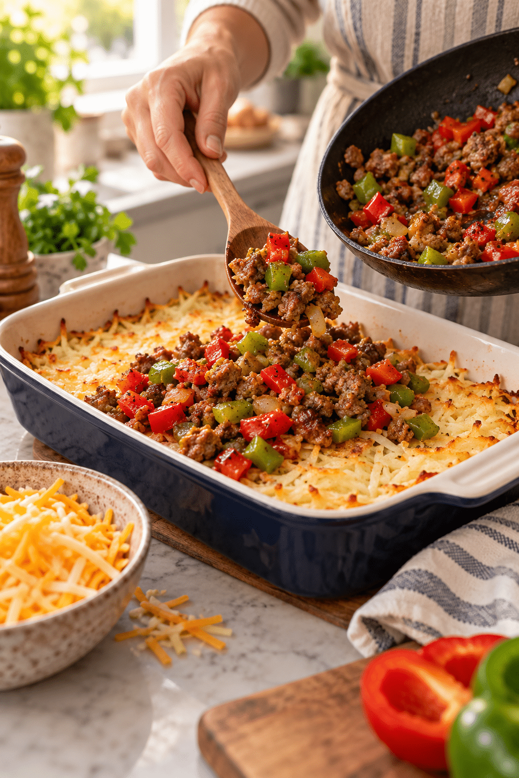 Sausage, peppers, hash browns, and cheese layered for breakfast casserole