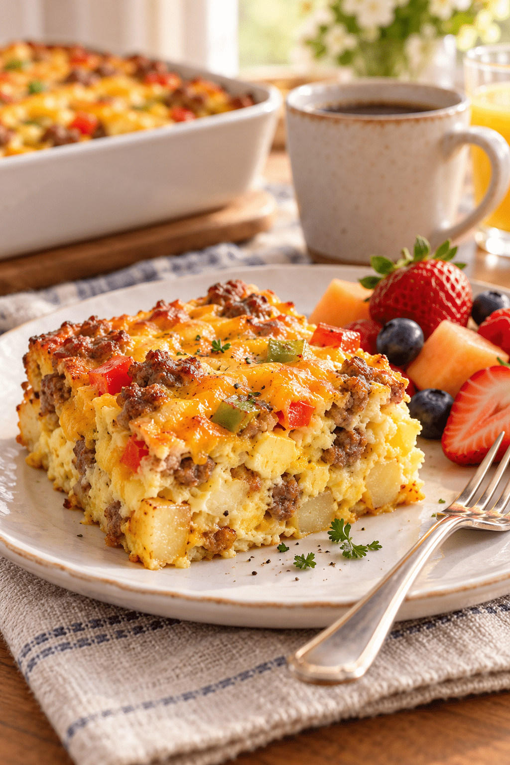 Sliced easy sausage breakfast casserole served warm