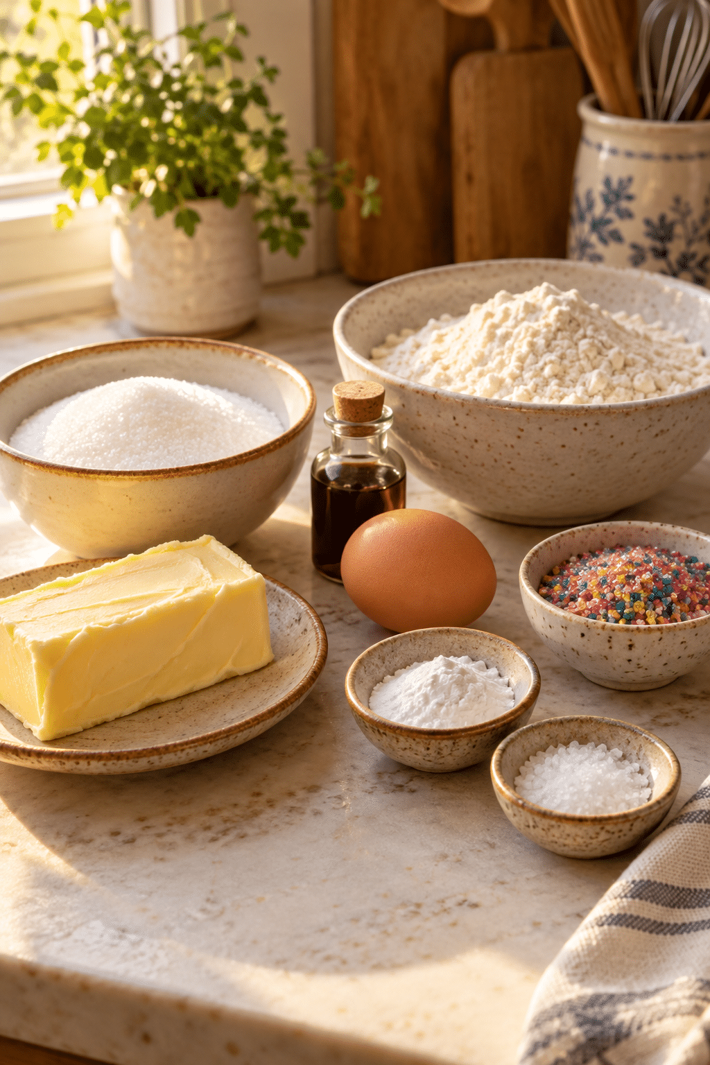 easy sugar cookie ingredients arranged on a counter