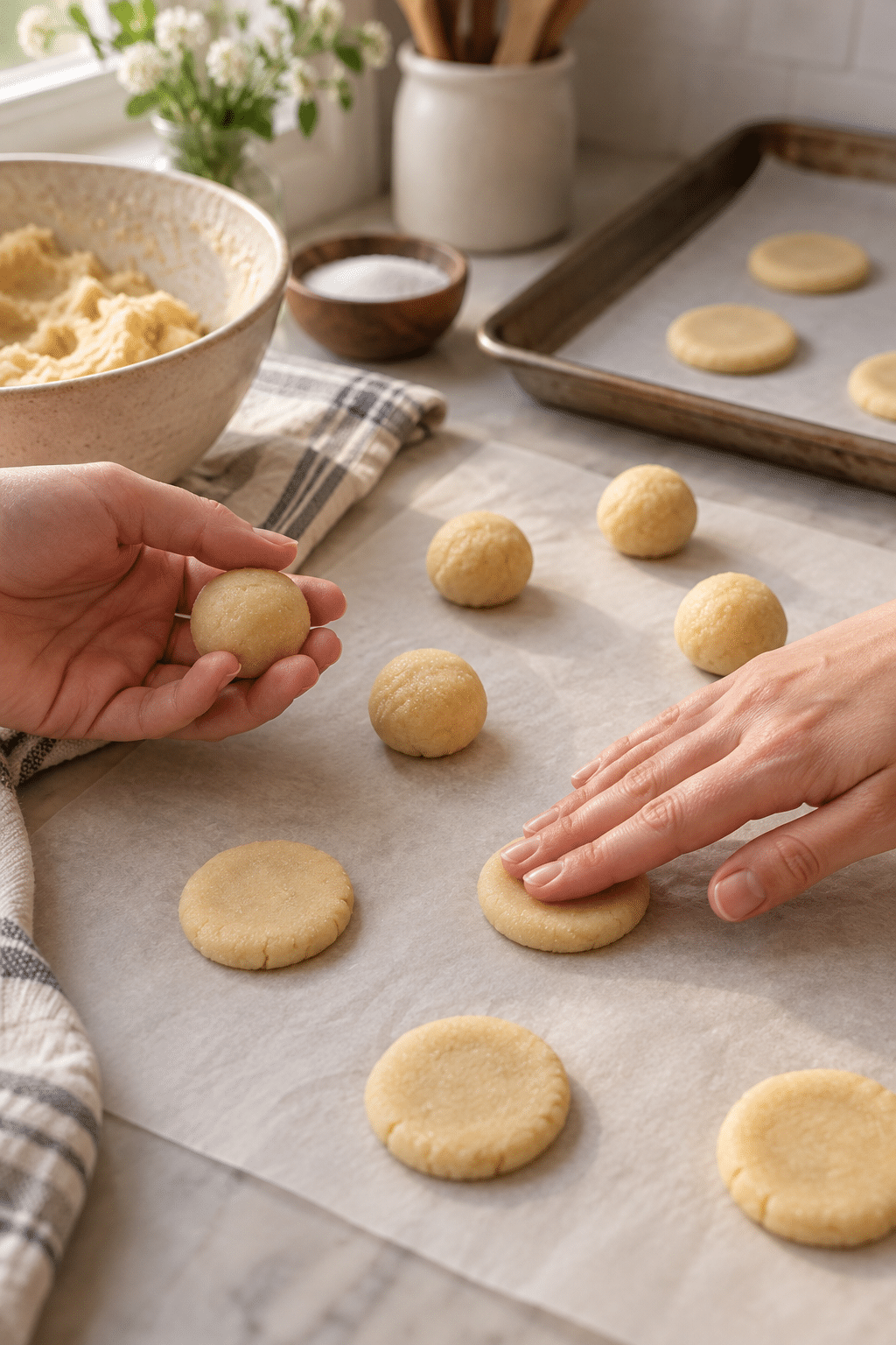 easy sugar cookie dough being shaped before baking