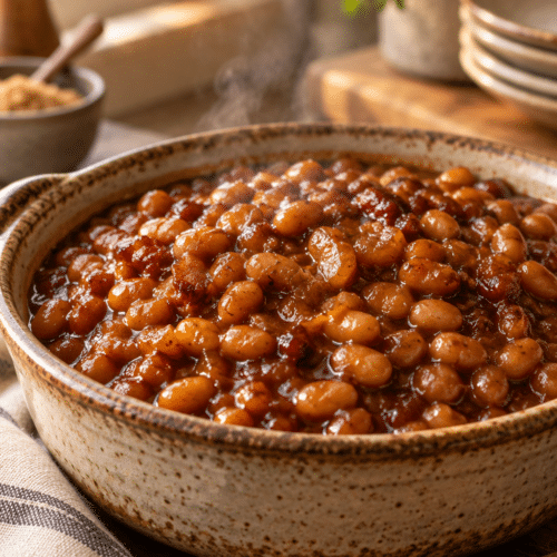 Easy ultimate baked beans in a serving dish