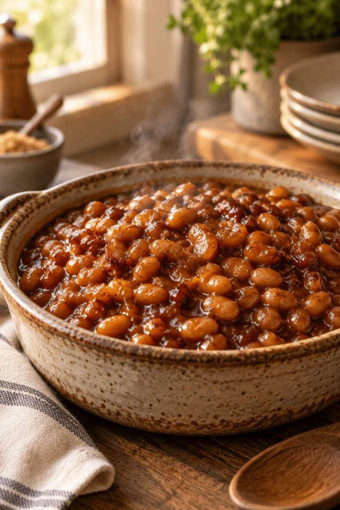 Easy ultimate baked beans in a serving dish