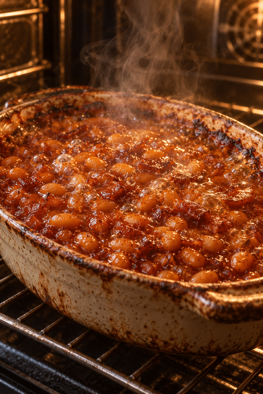Baked beans bubbling in the oven