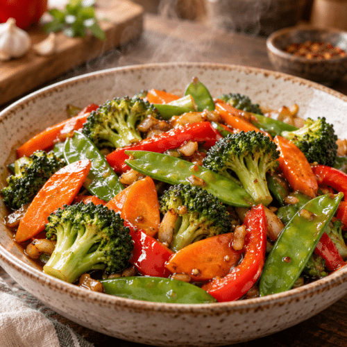 vegetable stir fry with colorful crisp vegetables