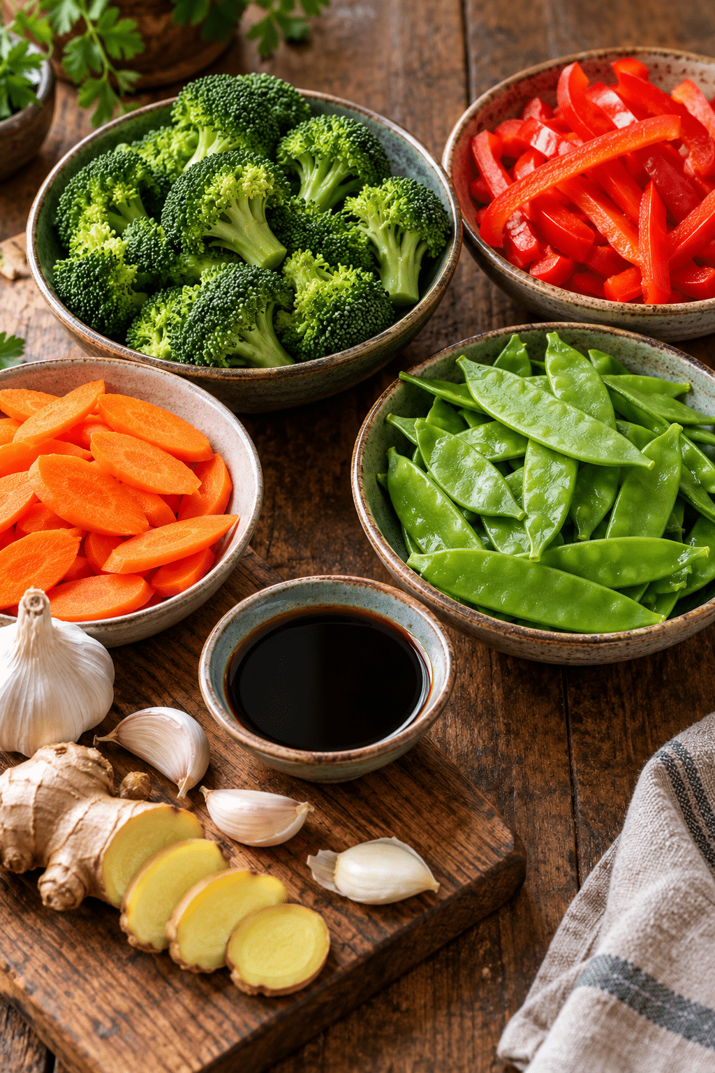 vegetable stir fry ingredients arranged for cooking