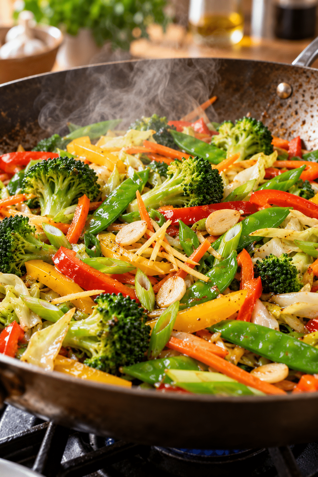 vegetable stir fry vegetables cooking in a skillet