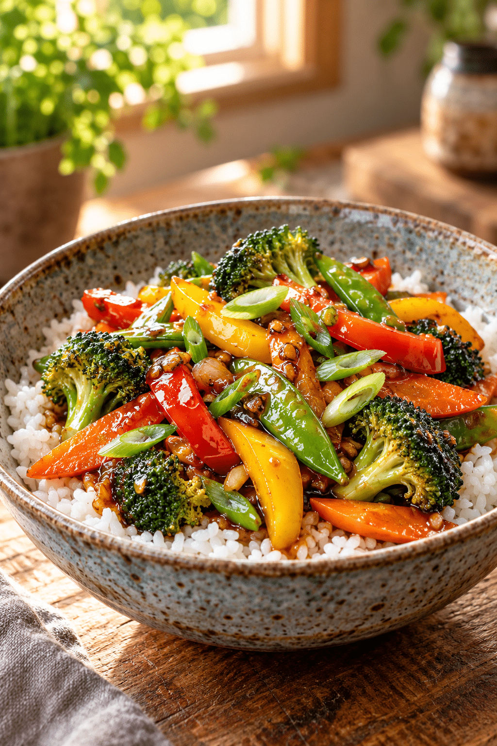 vegetable stir fry served with glossy sauce