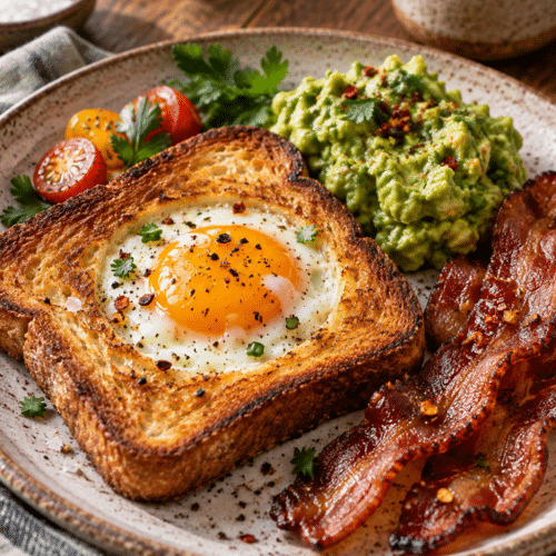 Egg in a hole with spicy bacon and guacamole