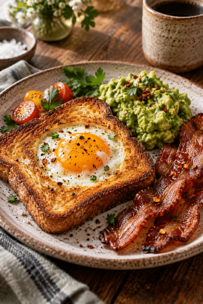 Egg in a hole with spicy bacon and guacamole