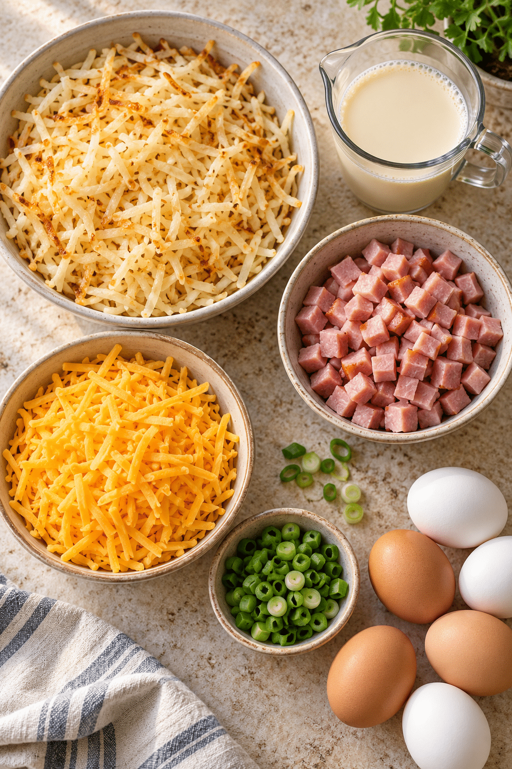 farmers breakfast casserole ingredients arranged