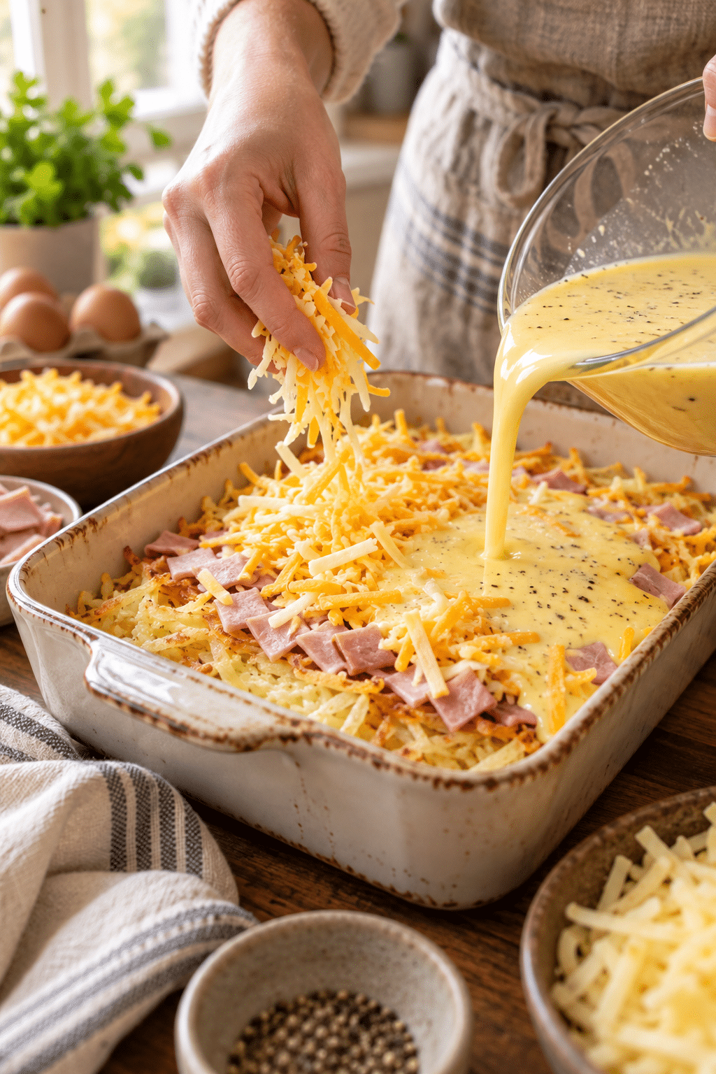 farmers breakfast casserole being assembled
