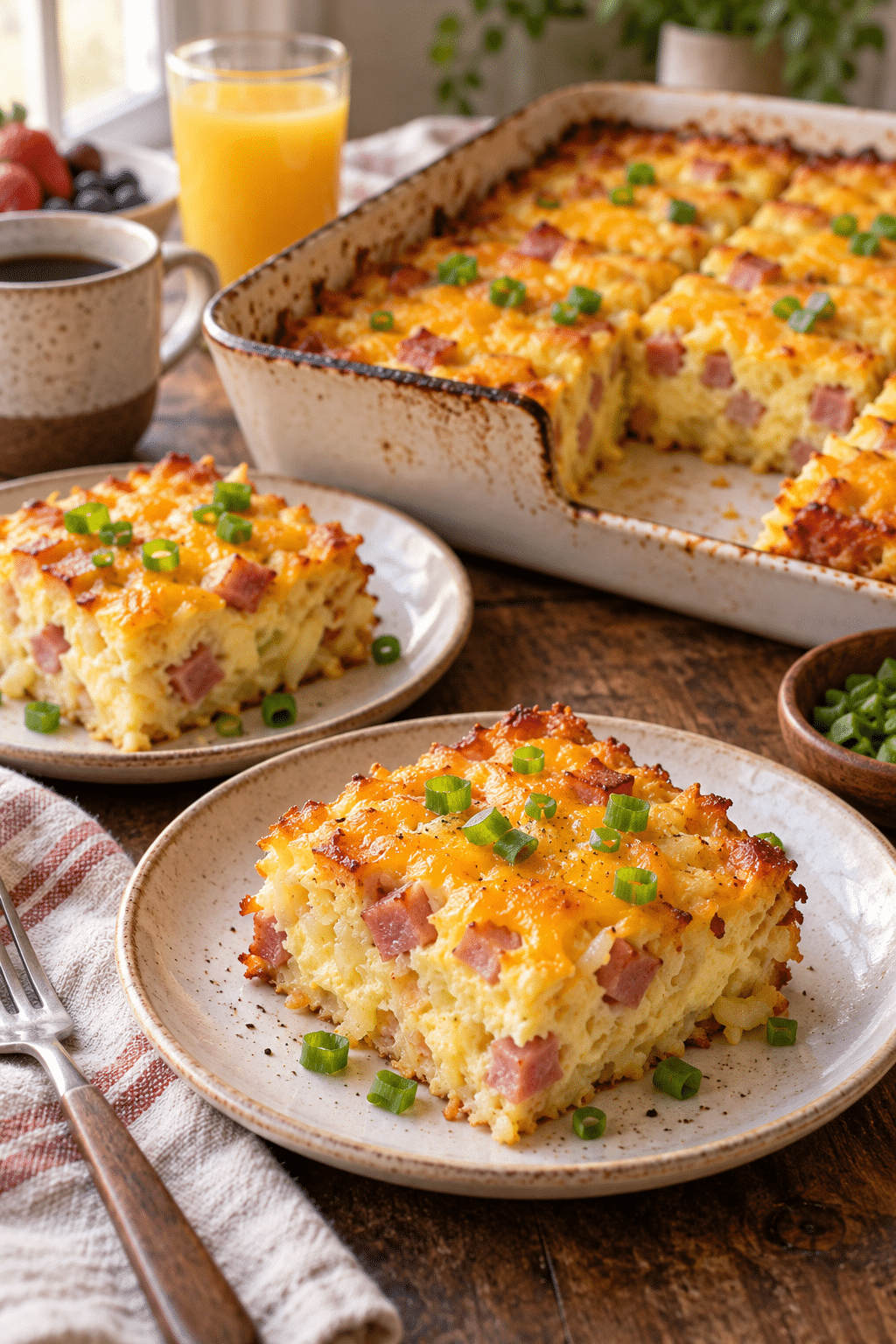 baked farmers breakfast casserole sliced for serving
