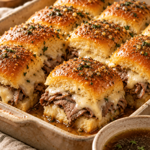 French dip sliders with roast beef and au jus