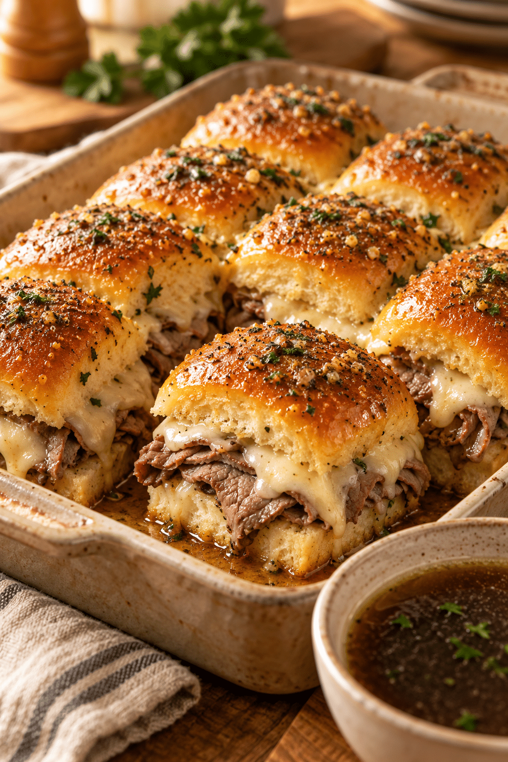 French dip sliders with roast beef and au jus