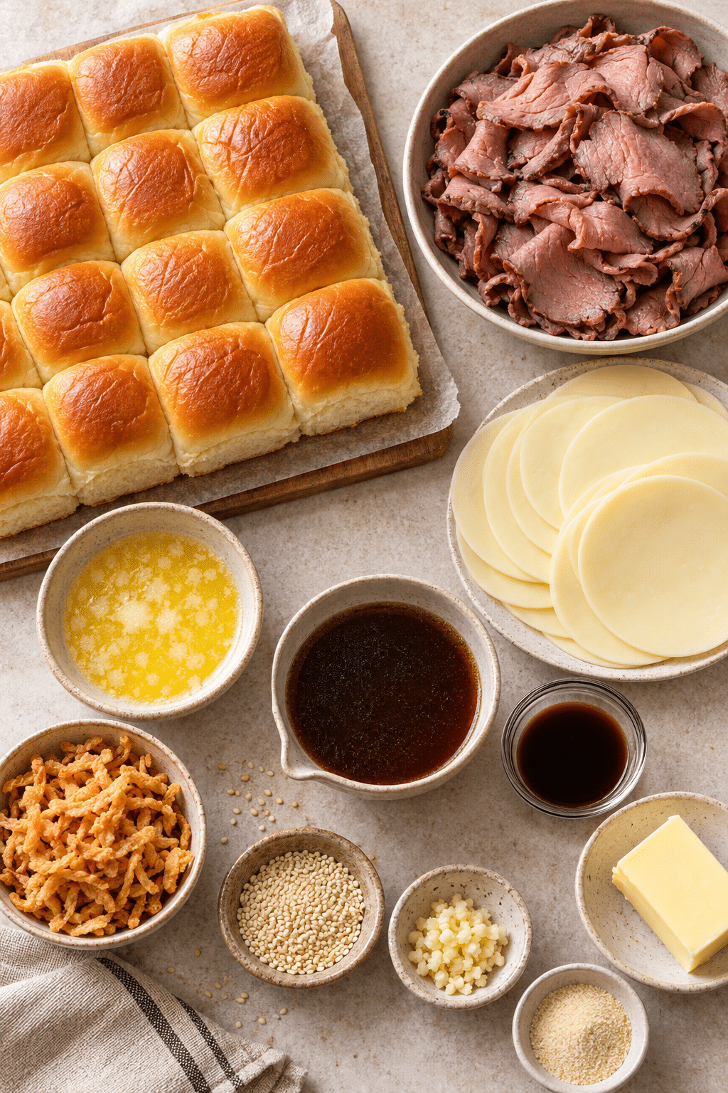 French dip sliders ingredients arranged for assembly