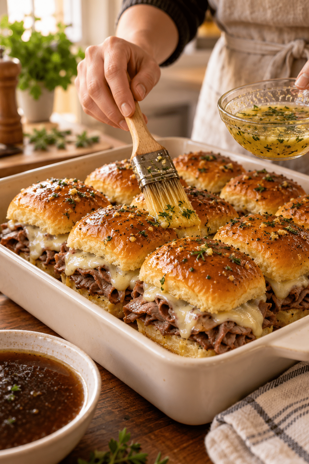 French dip sliders brushed with seasoned butter before baking