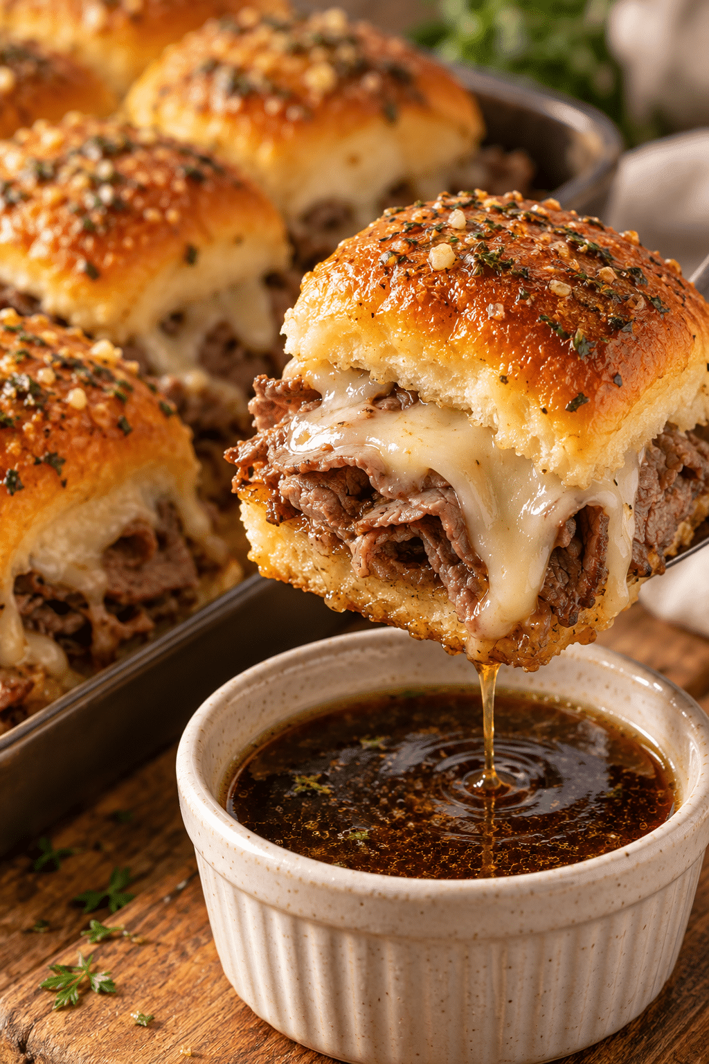 Golden French dip sliders served with au jus