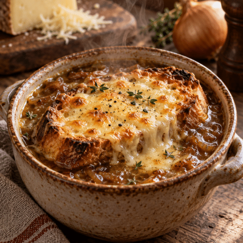 French onion soup with bubbling Gruyere
