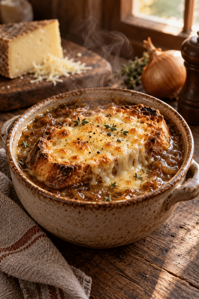 French onion soup with bubbling Gruyere