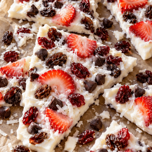 Frozen yogurt bark with strawberries and chocolate