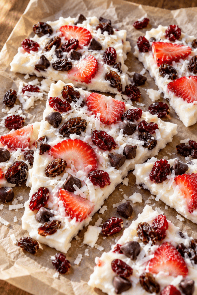 Frozen yogurt bark with strawberries and chocolate