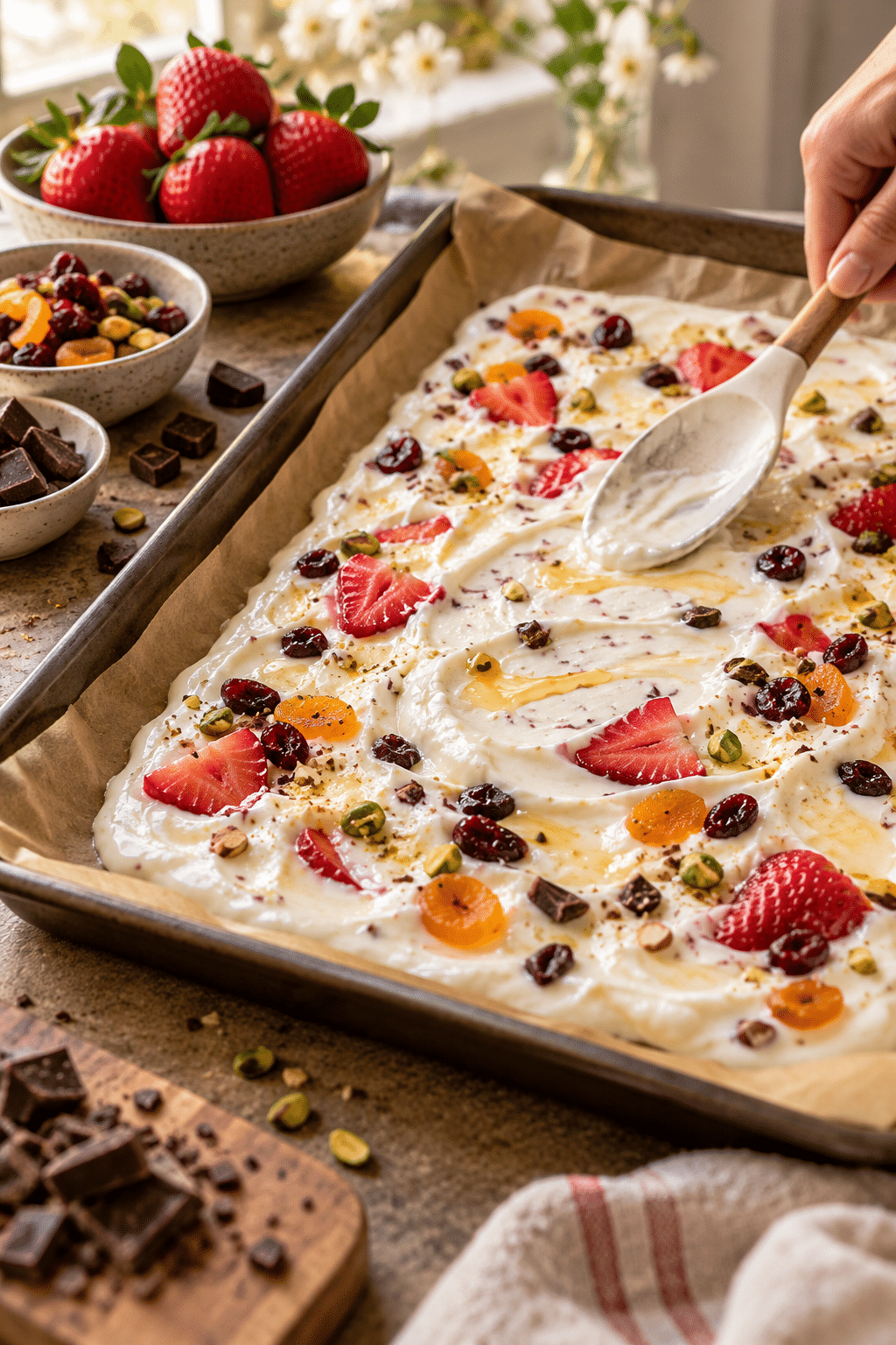 Mixing and spreading frozen yogurt bark