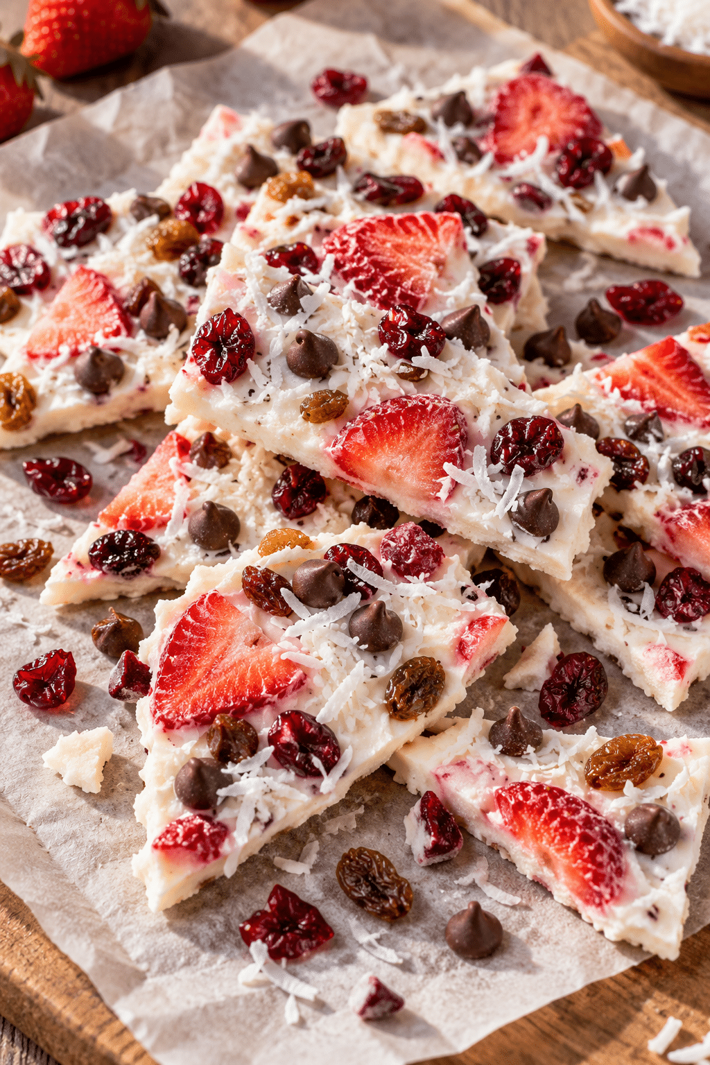 Finished frozen yogurt bark pieces