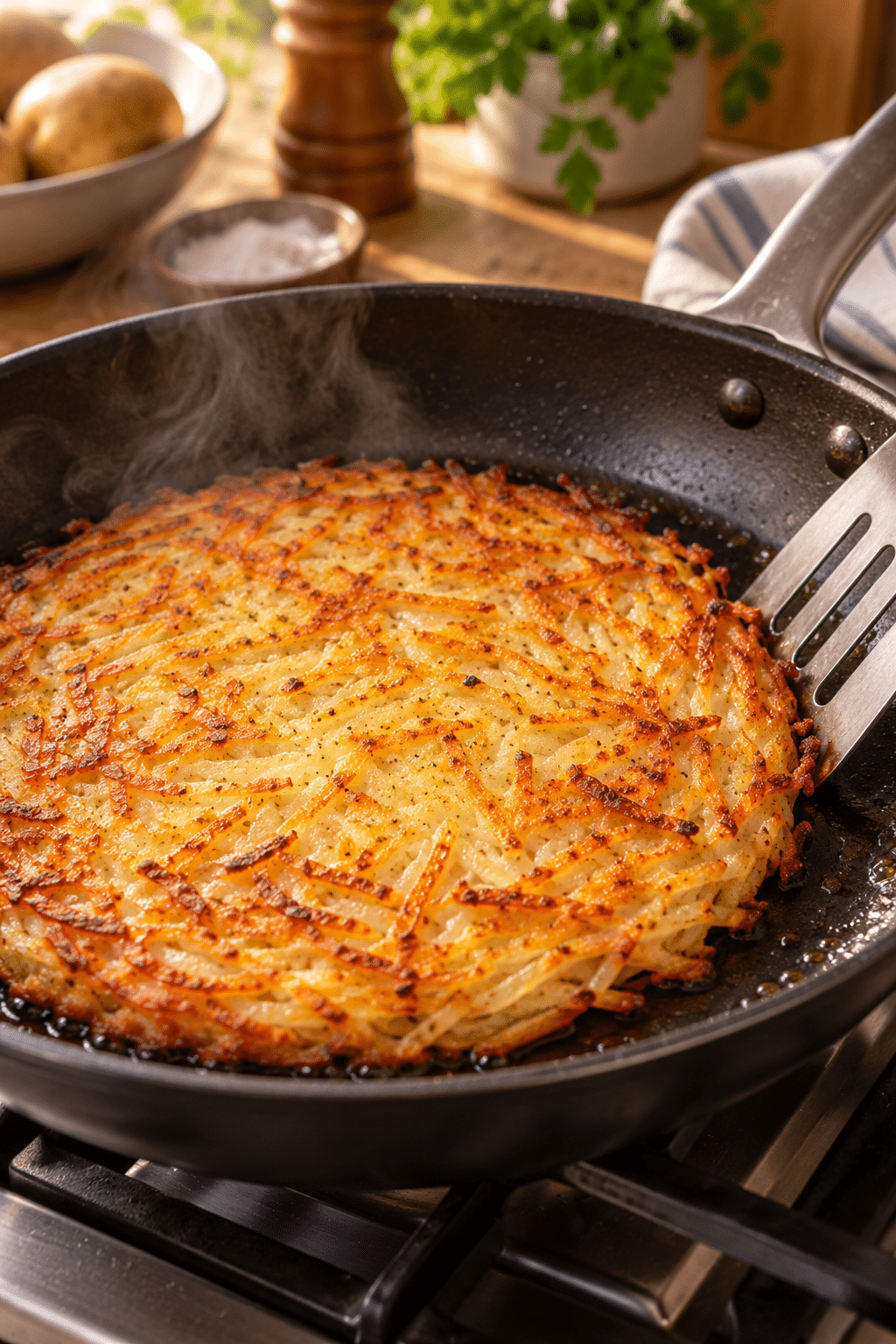 Shredded potatoes cooking in a skillet for a giant hash brown