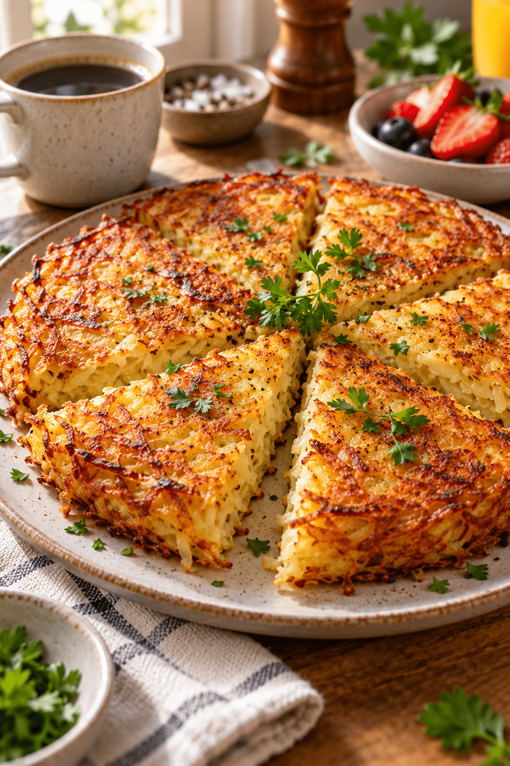 Crisp giant hash brown cut into wedges