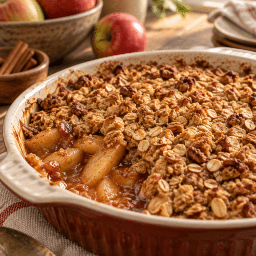 Gluten-free apple crisp in a baking dish