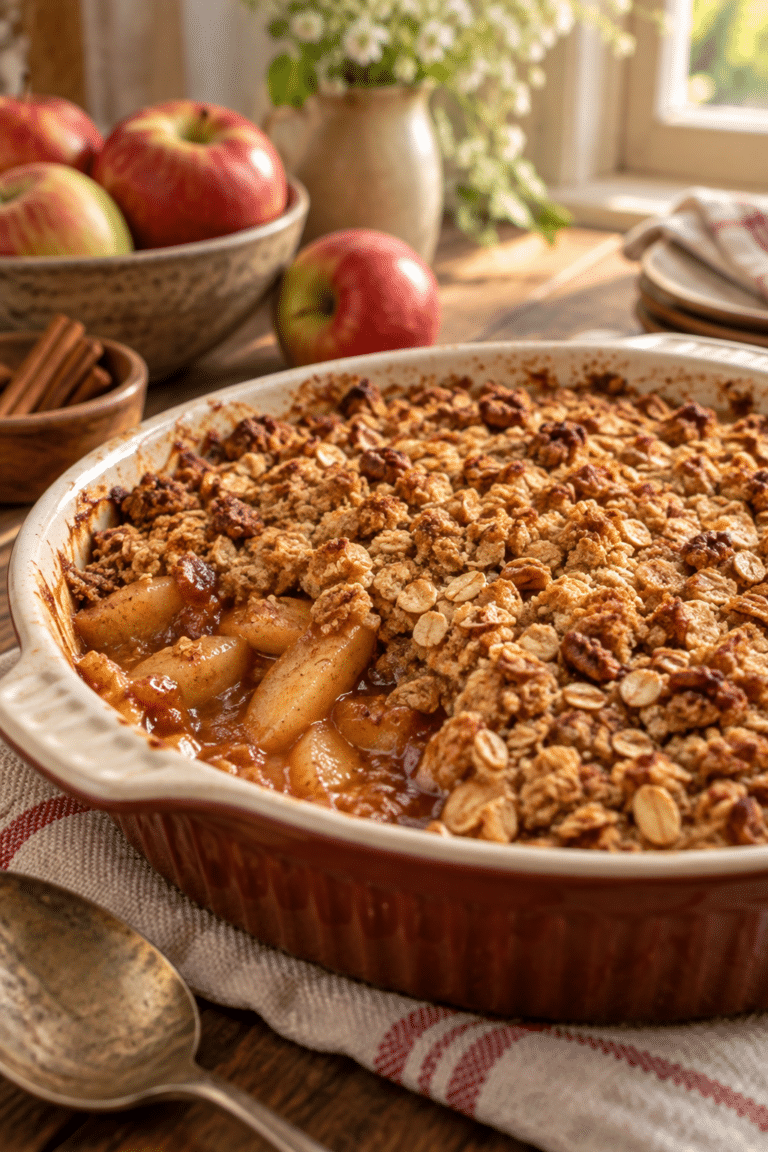 Gluten-free apple crisp in a baking dish