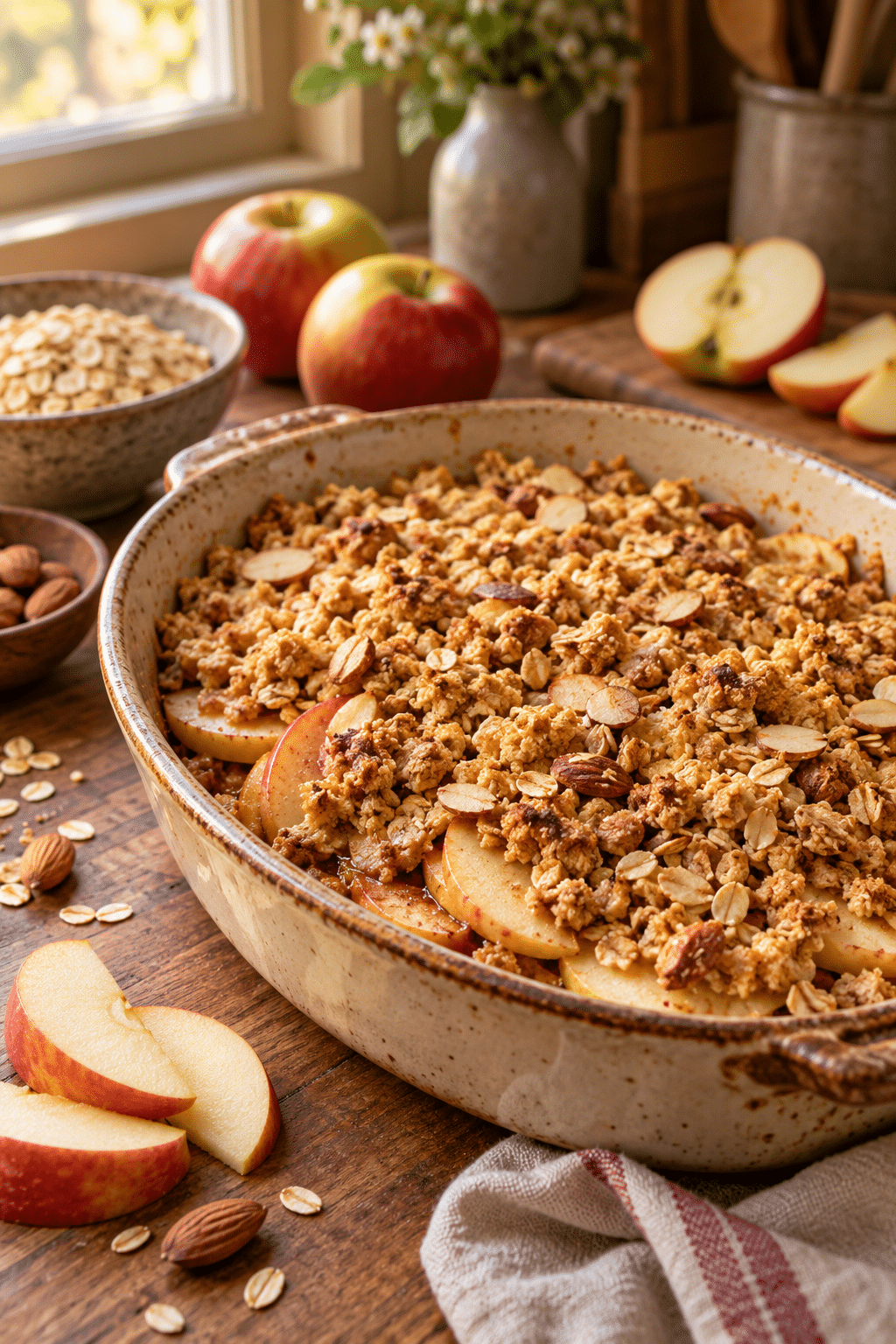 Apple crisp topping spread over sliced apples