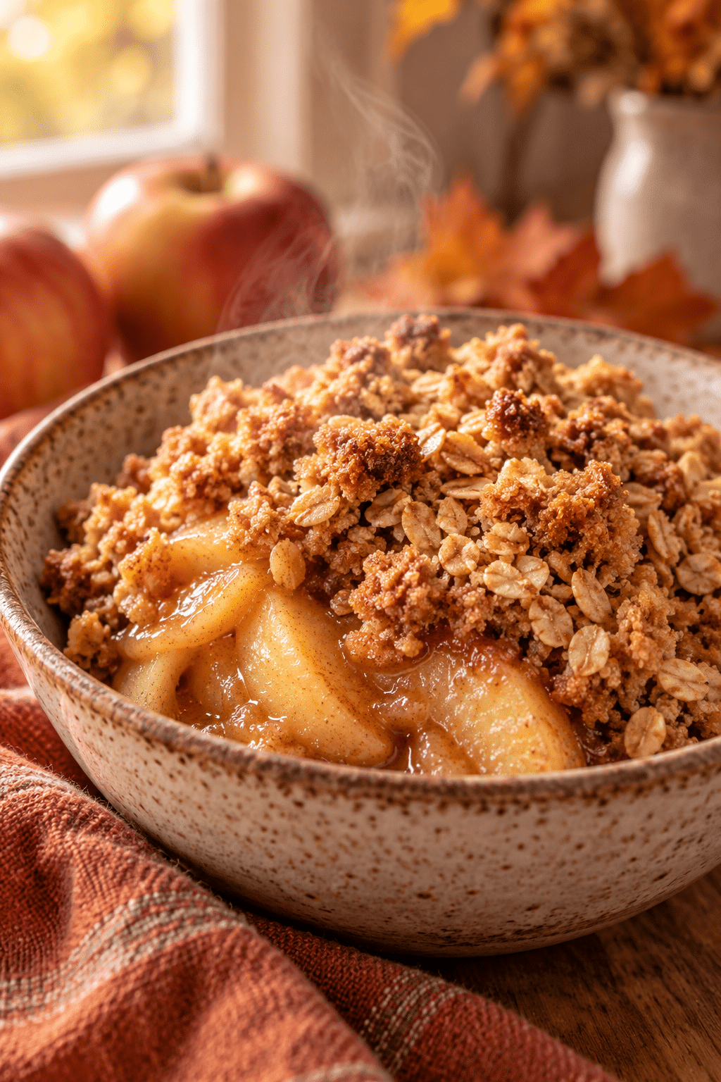 Warm gluten-free apple crisp served with a golden topping