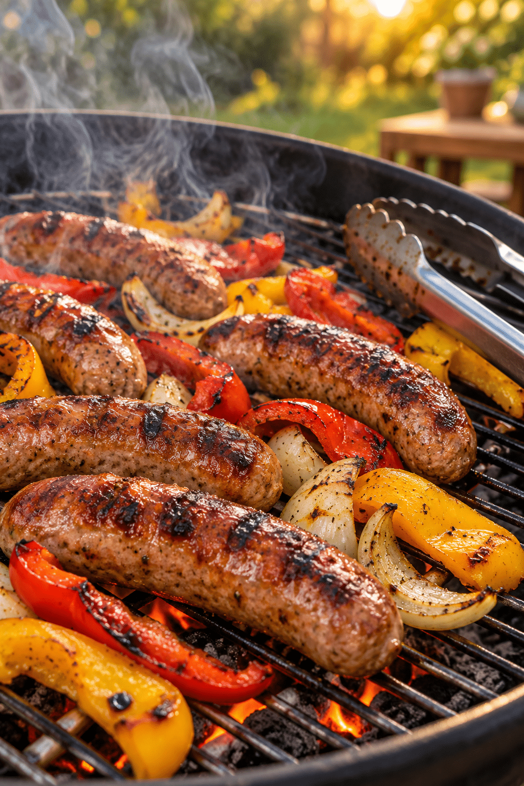 Grilling sausage, peppers, and onion