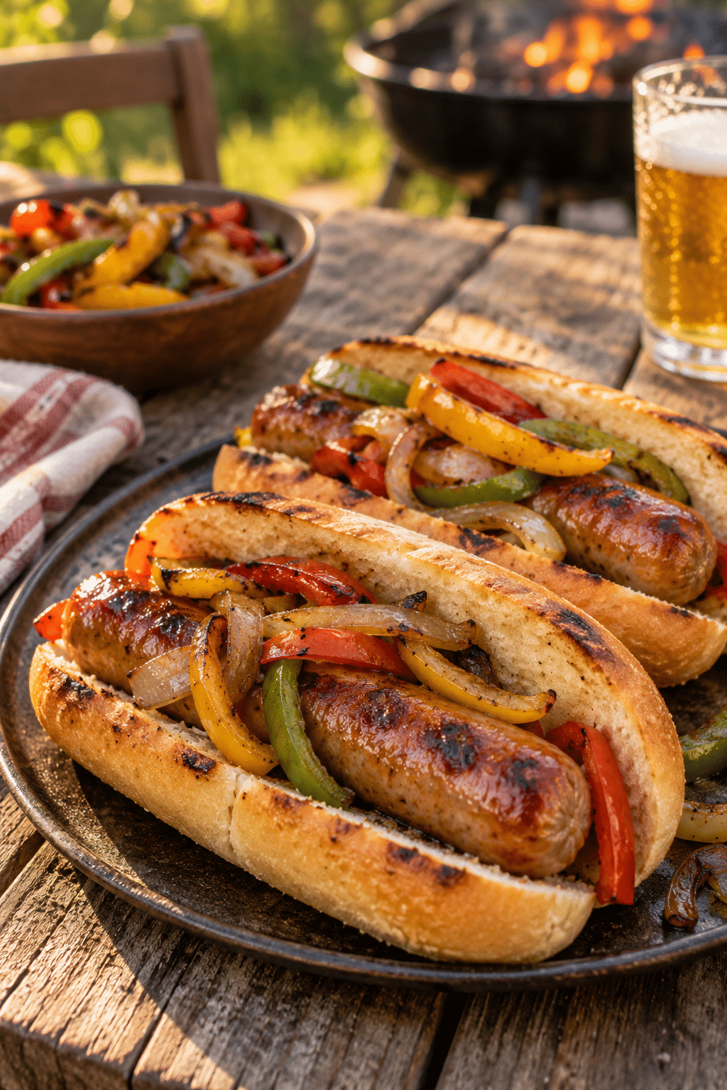 Finished grilled sausage and peppers served in a toasted roll