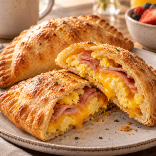 Ham and cheese breakfast calzones on a plate