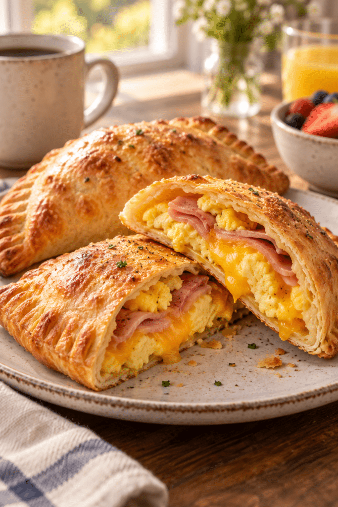 Ham and cheese breakfast calzones on a plate