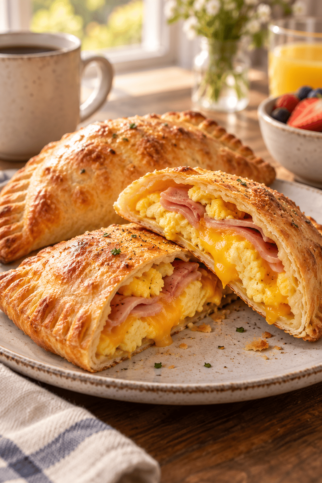 Ham and cheese breakfast calzones on a plate