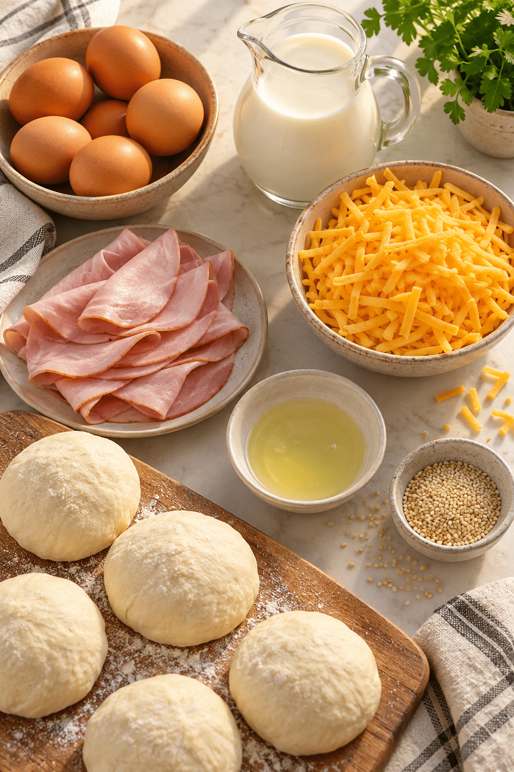 Ingredients for ham and cheese breakfast calzones