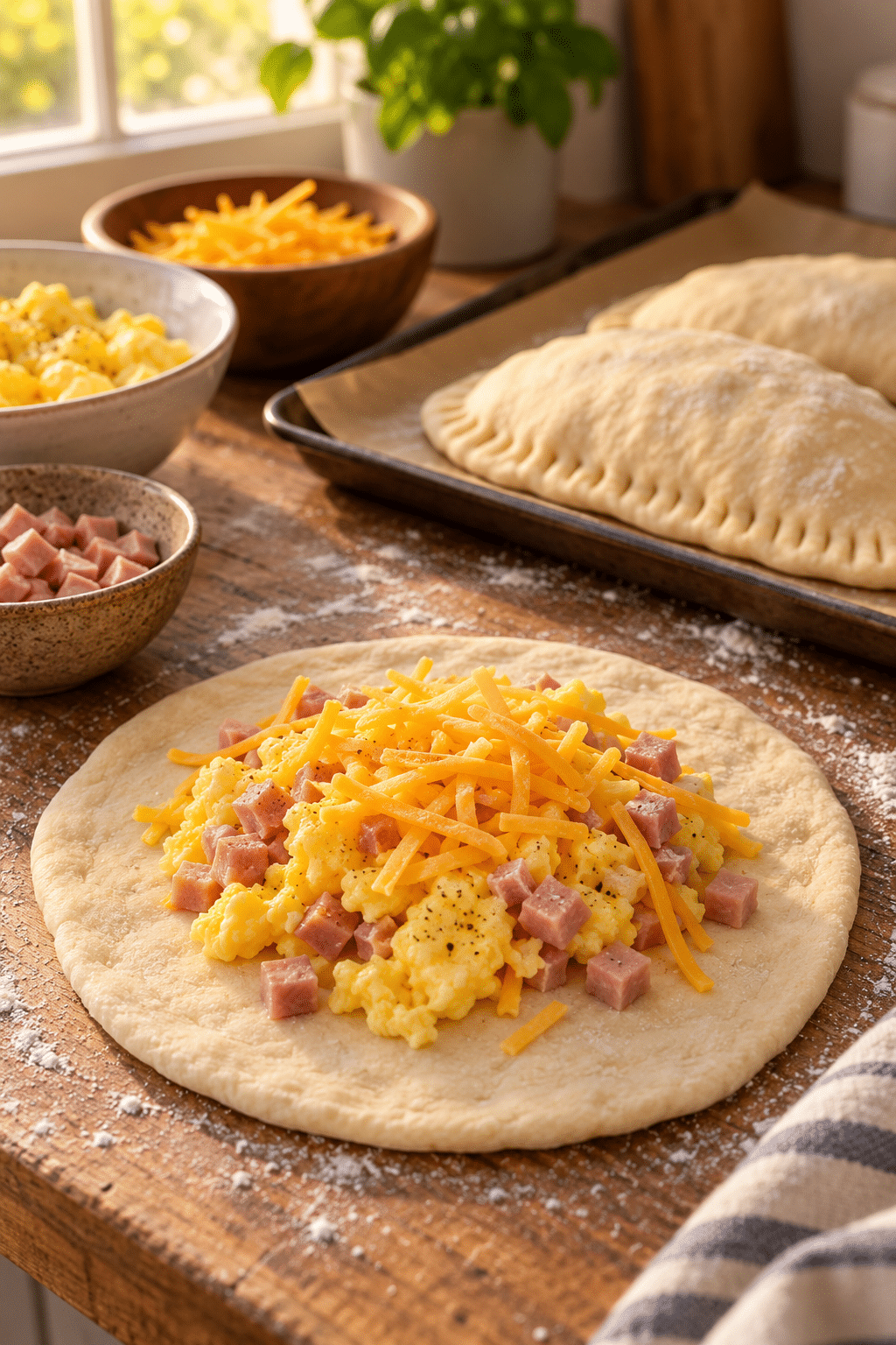 Assembling ham and cheese breakfast calzones with egg, ham, and cheddar