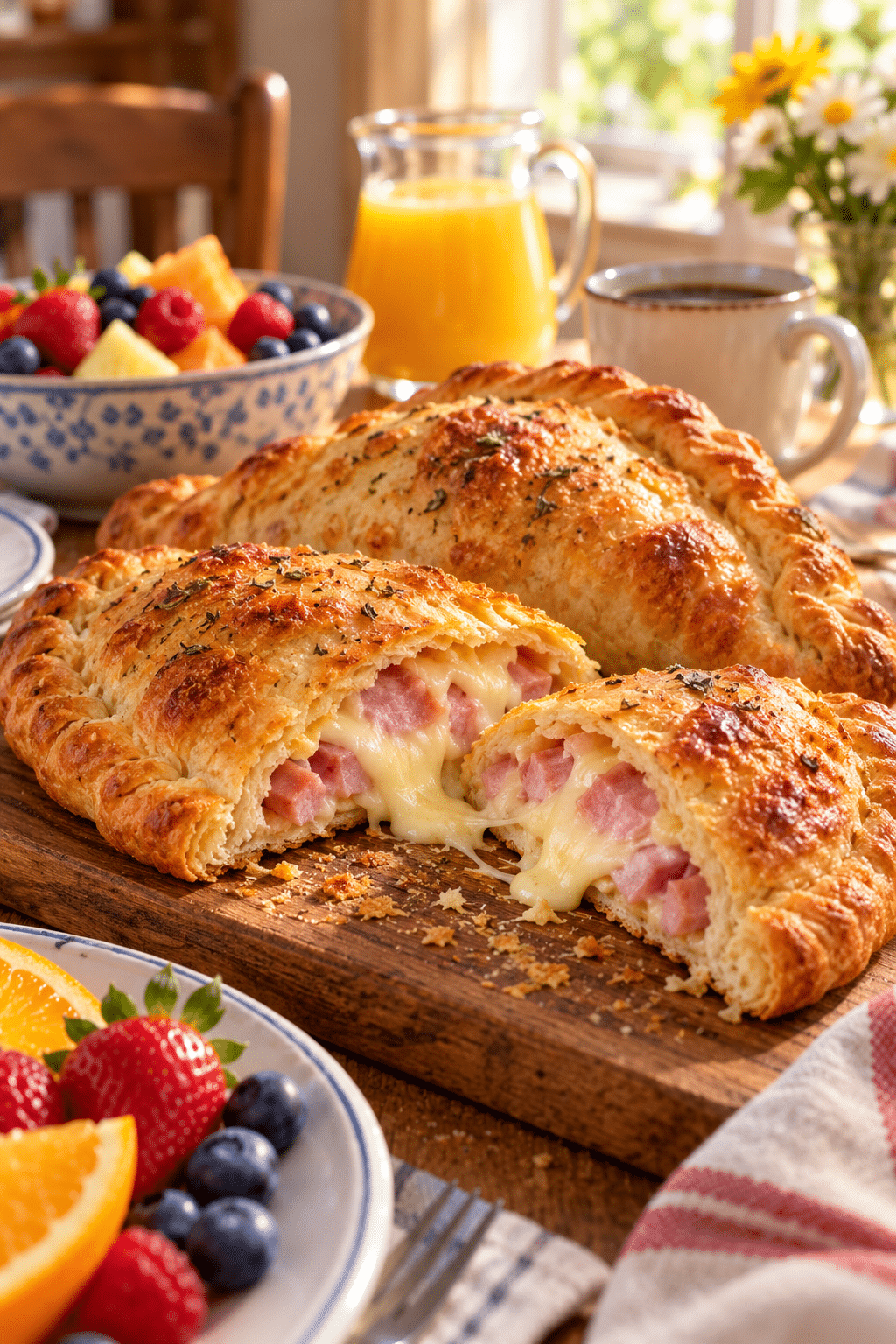 Golden baked ham and cheese breakfast calzones ready to serve