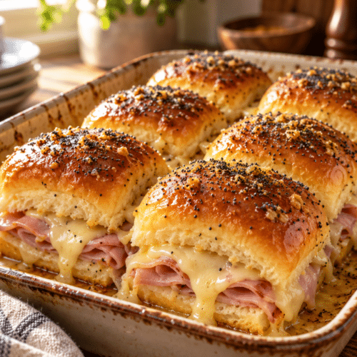 Hawaiian ham and cheese sliders with melted Swiss cheese