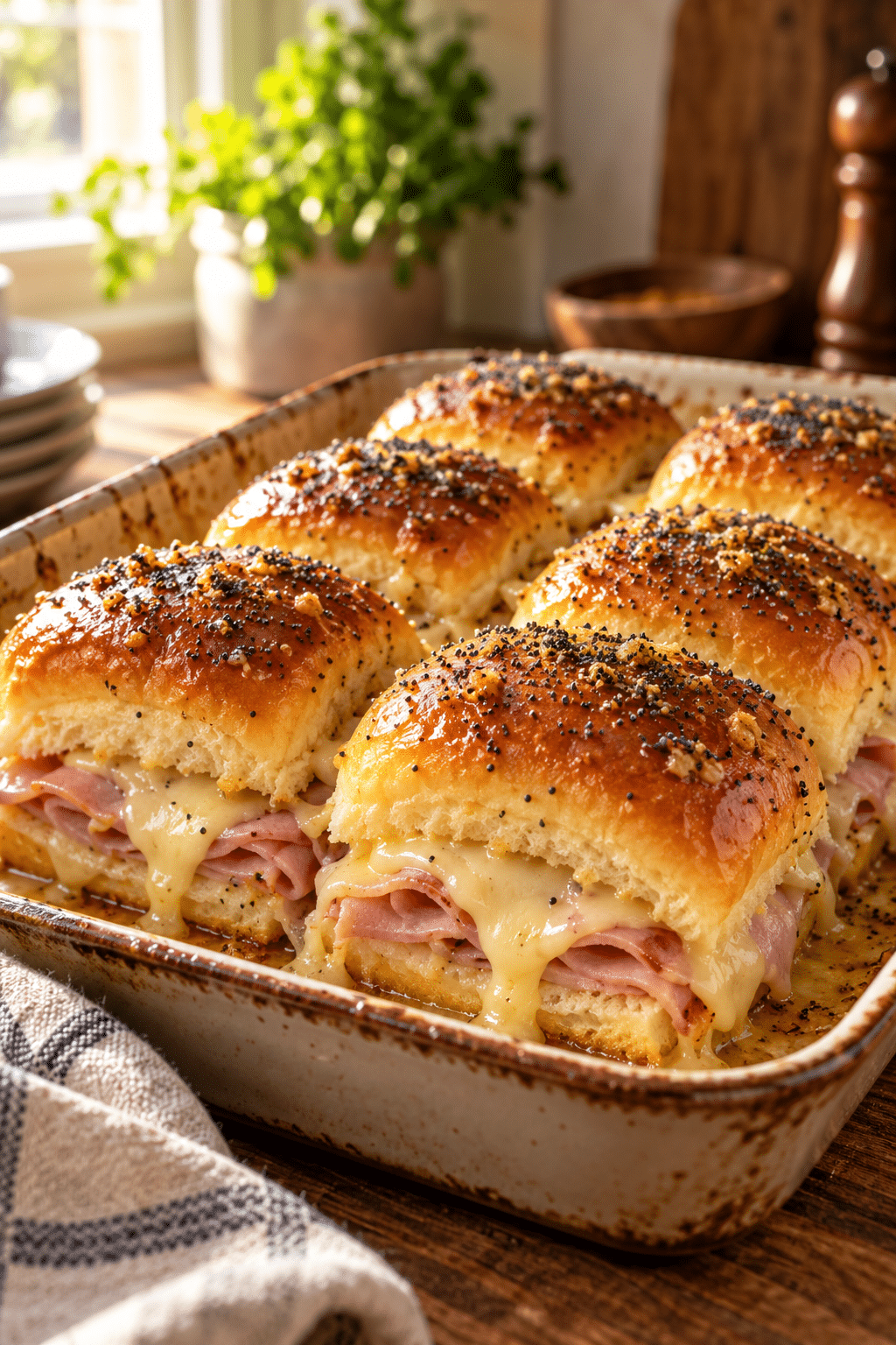 Hawaiian ham and cheese sliders with melted Swiss cheese