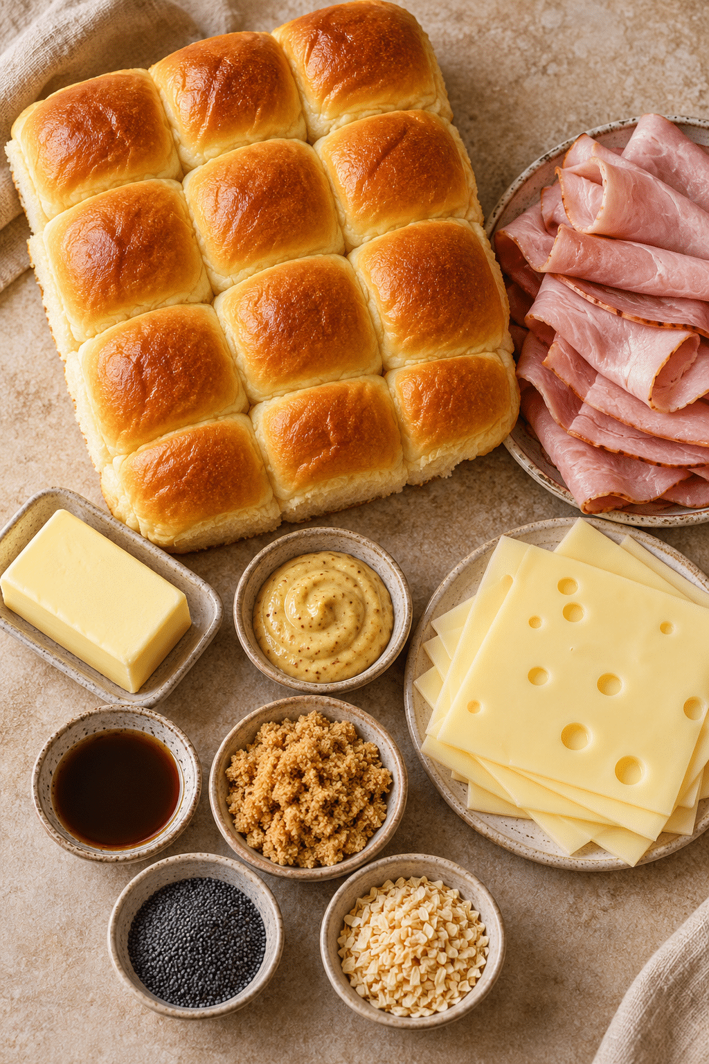 Hawaiian ham and cheese sliders ingredients measured and arranged