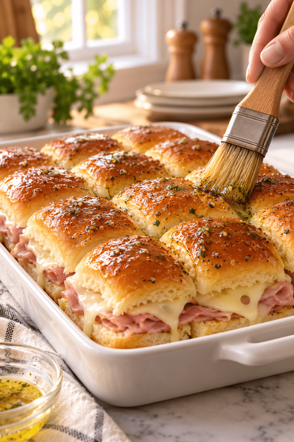 Hawaiian ham and cheese sliders preparation in progress